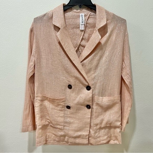 Anthropologie AMADI Kaye Metallic Pink Double Breasted Linen Cotton Blazer Sz. S - Picture 2 of 9